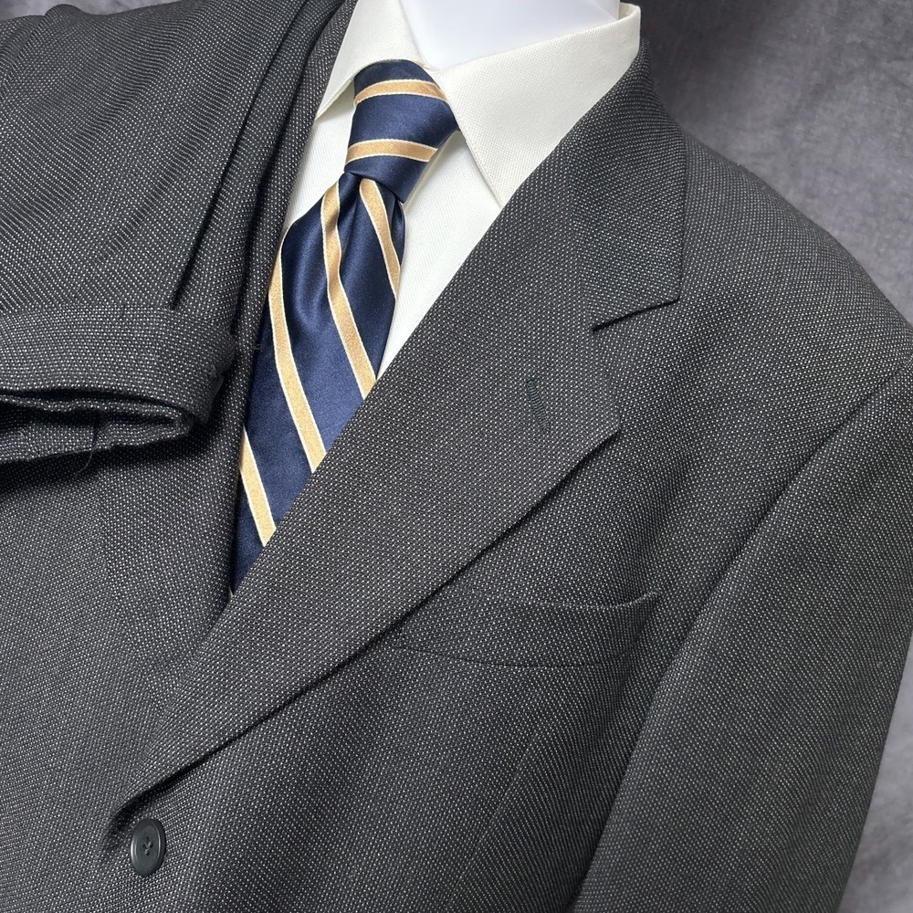 Vintage Giorgio Armani Suit 42R 35W Italy Black Birdseye Wool Pleated Baggy 3Btn